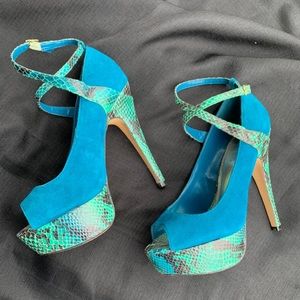 Blue suede/snake skin heels